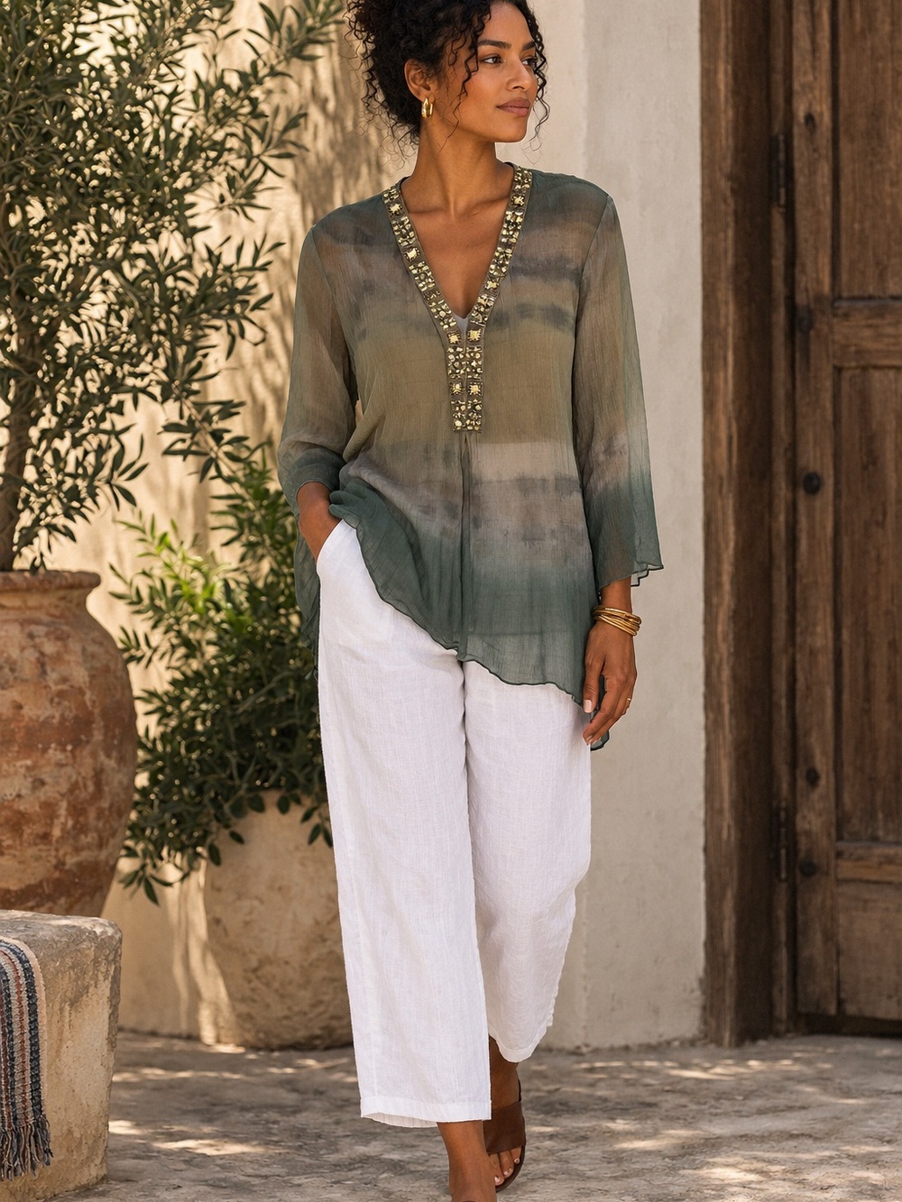 ☀️MAKE OFFER☀️ NWT Hale Bob Gray Blue Ombre Sheer Silk Tunic Blouse Beaded MED